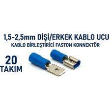Tork 1,5mm – 2,5mm Mavi Faston Uç Takımı 20 Takım | Izoleli Erkek Dişi Kablo Bağlantı Terminali