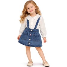 Kız Çocuk Dantelli Yaka Bluz & Askılı Kot Etek Takım