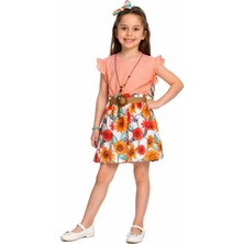 Badaboom Kids Kız Çocuk Bluzu Fırfırlı Eteği Kemerli Çiçek Desenli Kolyeli Pudra Renk İkili Takım