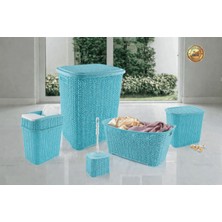 SHC4200 5 Parça Örgü Desenli Plastik Banyo Seti Çamaşır Sepeti Deterjanlık Kovası Klozet Fırçası -