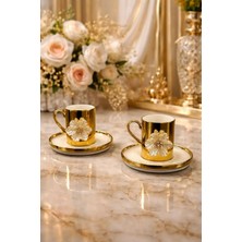 Yzhome 2 Kişilik Porselen Gold Platin Kaplama Lotus Çiçekli Kahve Fincan Takımı Seti 100ML