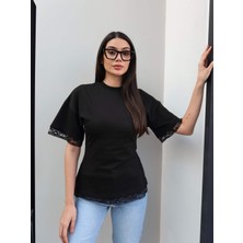 Esra Helvacı Belden Oturtmalı Dantel Detay Tshirt