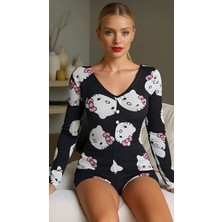 Liyuza Kitty Dream Pamuklu Siyah Kedicik Desenli Düğmeli Uzun Kol Tulum Pijama