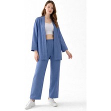 Nisanca Zen Elegance Kadın Kimono Takım - Geniş Paça Keten Dokulu Alt Üst Yazlık Kadın Takım