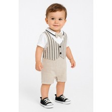 Dinamik çocuk Erkek Bebek Papyonlu Polo Yaka Yelek Görünümlü Tek Parça Keten Salopet Tulum Yazlık Alttan Çıtçıtlı 0-3-6-9-12AY