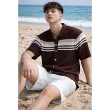 Tarz Cool Çizgili Erkek Triko Gömlek Yaka Hırka Yazlık Rahat Kesim