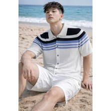 Tarz Cool Çizgili Erkek Triko Gömlek Yaka Hırka Yazlık Rahat Kesim