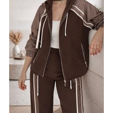 Hopeful Design Kadın Şerit Detaylı Kapüşonlu Eşofman Takımı Lacivet ve Kahverengi