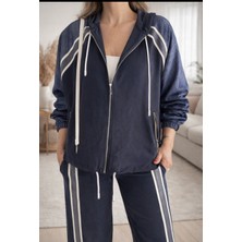 Hopeful Design Kadın Şerit Detaylı Kapüşonlu Eşofman Takımı Lacivet ve Kahverengi