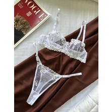Ecs Butik Çiçek Nakışlı Desteksiz Balenli Tül Sütyen & Tanga Takımı