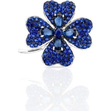 Oya Silver Lacivert Safir Zirkon Taşlı Yonca Gümüş Broş 2.5x2.5 cm [OYSY243]