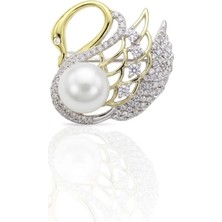 Oya Silver Inci Detaylı Kuğu Figürlü Zirkon Taşlı Gümüş Broş 2.2x2.3 cm [OYSY246]