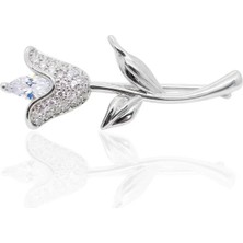 Oya Silver Beyaz Zirkon Taşlı Lale Gümüş Broş 3x1.1 cm [OYSY245]