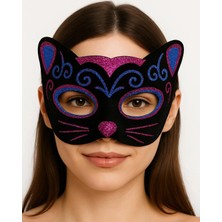 Neonova Siyah Kadife Kaplama Üzeri Pembe Mavi Sim Işlemeli Kedi Maskesi 20X13 cm