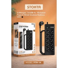 Gunkes Fulltech Ftr-14 Çoklu Priz 10 Soket 3 Usb-A Type-C Girişli 3.4A 2m Kablolu Anahtarlı Akım Korumalı Priz