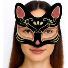 Neonova Siyah Renk Süet Kaplama Üzeri Kırmızı Sarı Simli Kedi Maskesi 17X14 cm