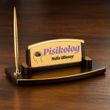 Hediye Vakti Kişiye Özel Psikolog Masa Üstü Isimlik – Altın Renk Şık Tasarım Kalemli Ofis Isimliği