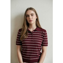 Shophia Polo Yaka Çizgili Kısa Kollu Kadın Triko Tişört