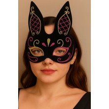 Neonova Siyah Renk Kırmızı Gold Simli Siyah Süet Kaplama Tavşan Maskesi 18X16 cm