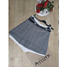 Gizelia Design Gri Kareli Kemerli Şort Etek