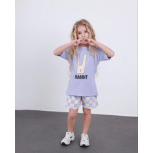 Cg Kids Rabbit Tavşan Baskılı Tshirt & Damalı Şort Lila Alt Üst Takım Süper Kalite