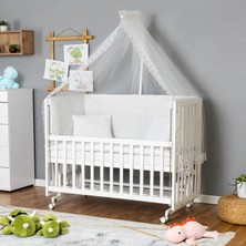 Bamgidoo Ahşap Beşik Anne Yanı Beşik Beyaz 60X120 - Beyaz Güpür Uyku Seti + Yataklı + Tekerlekli