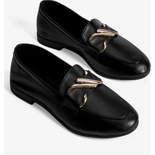 Mubiano Kadın Hakiki Deri Babet Altın Tokalı Şık Loafer Calore Siyah