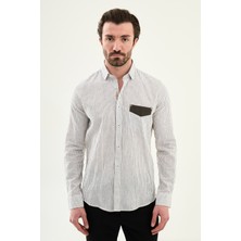 MCR Çizgili Slim Fit Cep Detaylı Uzun Kollu Keten Erkek Gömlek