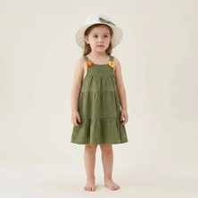 Mutlu Bebe Kız Çocuk Askılı Elbise %100 Pamuk Müslin Yeşil Yazlık Şapkalı Çiçek Detaylı Rahat Günlük Elbise