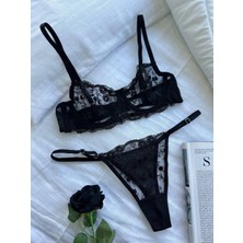 Ecs Butik Çiçek Desenli Dantelli Balenli Bralet & Tanga Takımı