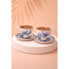 Edora Home 2 Kişilik Beyaz/mavi Tavus Kuşu Desenli, Ince Kenar Detaylı Türk Kahvesi Fincan Takımı, Hediyelik Şık Kahve Seti