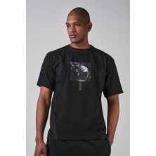 Ex-pent Kısa Kollu Regular Kalıp Poplin Garnili Baskılı Siyah T-Shirt