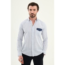 MCR Çizgili Slim Fit Cep Detaylı Uzun Kollu Keten Erkek Gömlek
