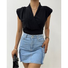 Modamorfo Sıfır Kol Vatkalı Kruvaze Model Sandy Bluz -Siyah