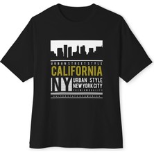 Tişört Kodu Oversize Siyah Tişört – California Ny Urban Street Style Baskılı Unisex T-Shirt
