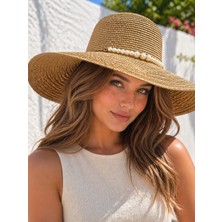 Aydın Şapkacınız Kadın Premium Hasır Inci Detaylı Geniş Kenarlı Yazlık Şapka – Şık & Zarif Plaj / Günlük Kullanım