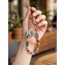 Whimsy White Etnik Desenli Fil Figürlü Telefon Charmı - Şans Getiren Yeşim Taşlı Bohem Telefon Ipi