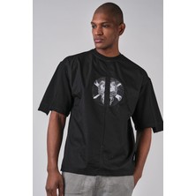 Ex-pent Kısa Kollu Regular Kalıp Poplin Garnili Baskılı Siyah T-Shirt