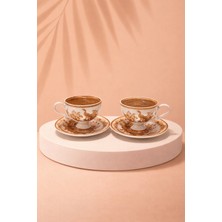 Edora Home 2 Kişilik Beyaz/kahverengi Tavus Kuşu Desenli, Ince Kenar Detaylı Türk Kahvesi Fincan Takımı, Hediyelik Şık Kahve Seti
