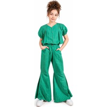İrem Çocuk Giyim Kız Çocuk Puantiyeli Kısa Kollu Bluz Geniş Paça Modelli Pantolon Yeşil Renk Şık İkili Takım