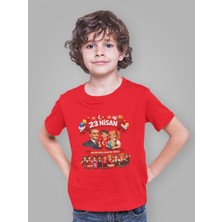 Ontunew 23 Nisan Baskılı Bisiklet Yaka Pamuklu Kısa Kollu Erkek ve Kız Çocuk Tişört