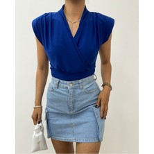 Modamorfo Sıfır Kol Vatkalı Kruvaze Model Sandy Bluz -Saks