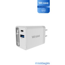 Wesdar AC289-1C1A Hızlı Şarj Adaptörü Gan 45W Dahili Geri Sarılabilir Type-C Kablolu (Type-C + Usb-A)