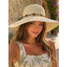 Aydın Şapkacınız Kadın Premium Hasır Boncuk Detaylı Yazlık Şapka – Geniş Kenarlı Plaj & Günlük Şapka