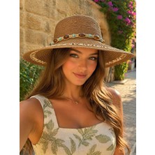 Aydın Şapkacınız Kadın Premium Hasır Boncuk Detaylı Yazlık Şapka – Geniş Kenarlı Plaj & Günlük Şapka