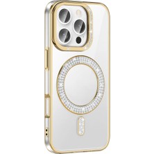 Ummeslem Apple iPhone 16 Pro Için Uyumlu Kılıf Kapak Pırlanta Taş M-Safe Şarj Özellikli Karetta Silikon