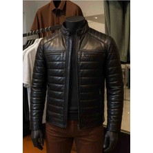 Moda Erkek Siyah Hakiki Kuzu Derisi Fermuarlı Cepli Deri Mont Ceket