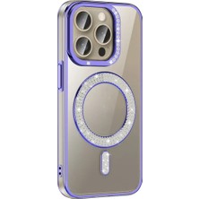 Ummeslem Apple iPhone 15 Pro Max Için Uyumlu Kılıf Kapak Pırlanta Taş M-Safe Şarj Özellikli Karetta Silikon