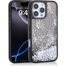 Ummeslem Apple iPhone 16 Pro Max Için Uyumlu Kılıf Kapak Sıvılı Simli Kelebek Şeffaf Arka Yüzey Glis Silikon