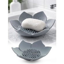 Omilife 2 Adet Lotus Desenli Sabun Ve Sünger Tutacağı Silikon (GRİ) Su Giderli Lotus Şık Katı Sabunk